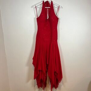Vintage Y2K Fairy Mermaid Silk Midi Dress Size L Sequin Red Prom Handkerchief